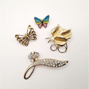 Vintage Butterfly Brooches - Goldtone Enamel Rhinestones and Pearl, Set of Four